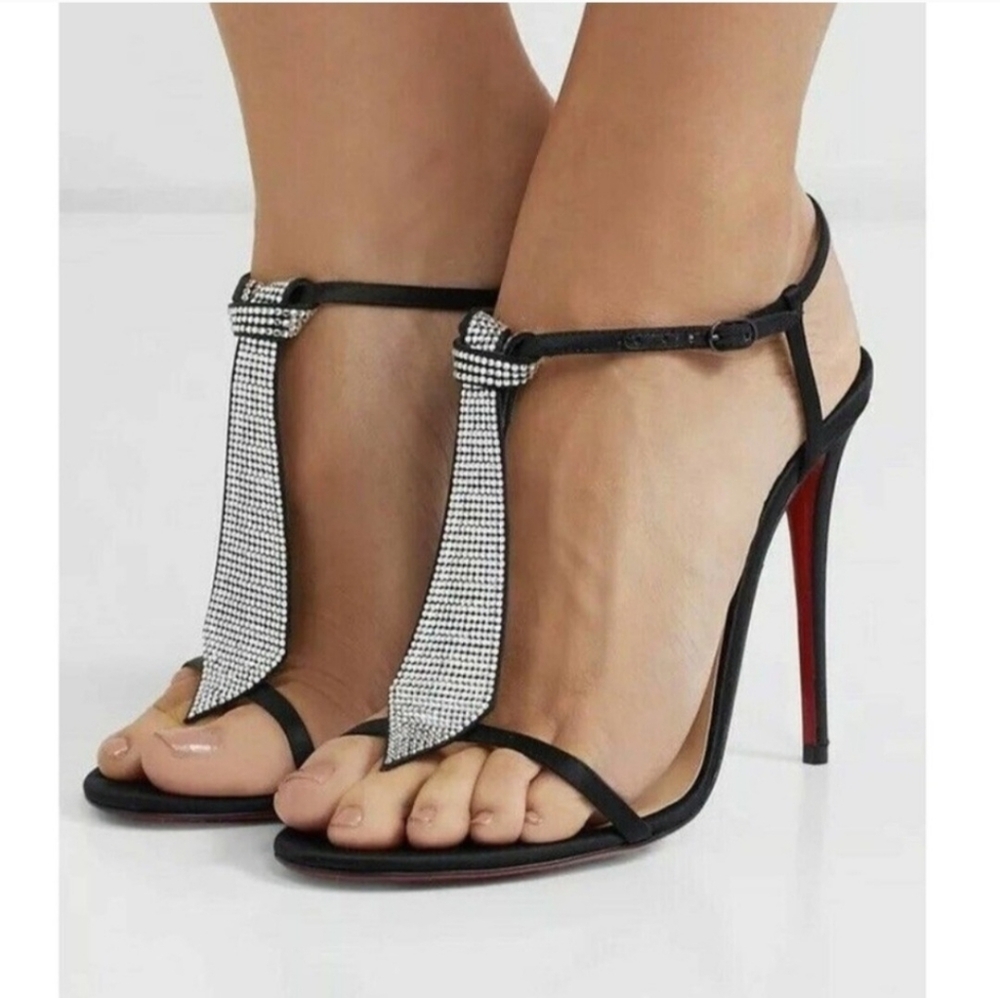 AUTH Christian Louboutin T CAB Satin Strass T-Strap 100 Sandals